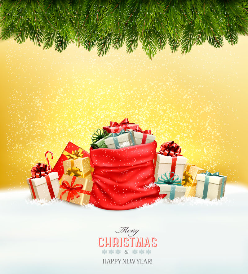 圣诞树枝下一个装满礼物盒的矢量袋子