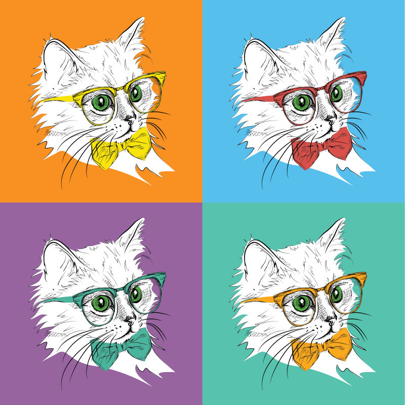 创意矢量戴彩色领结和眼镜的猫咪