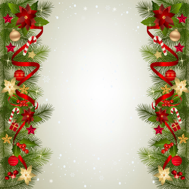 矢量分列两边的红色丝带和金色装饰球装饰的圣诞树枝
