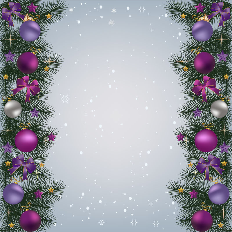 分列两边的银色和紫色球装饰的矢量圣诞树枝
