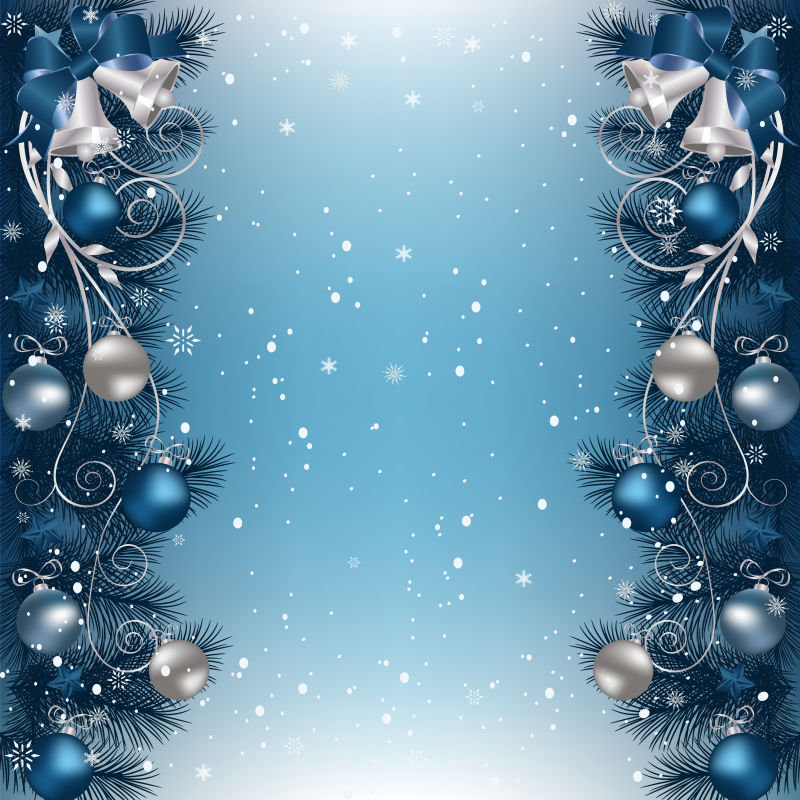 摆放在两边的蓝色和银色装饰球装饰的矢量圣诞树枝