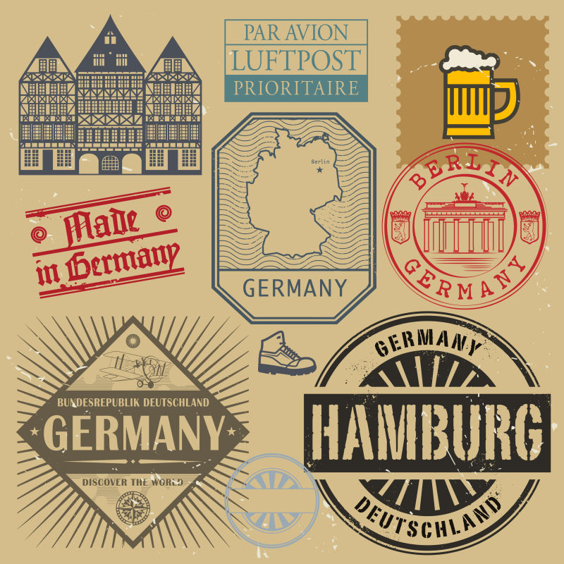 矢量德国主题旅游元素邮票设计