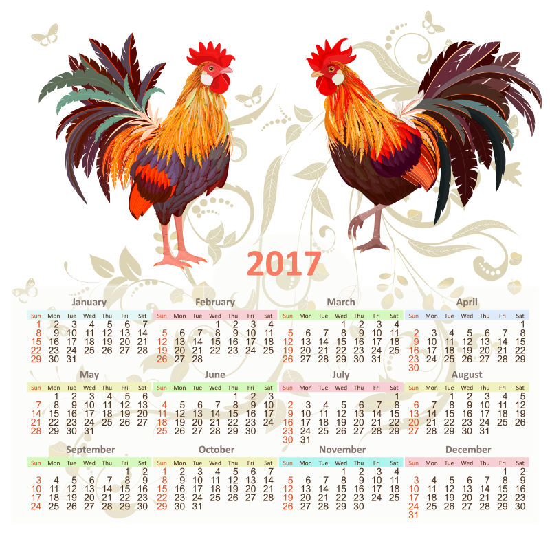 矢量两只公鸡的日历