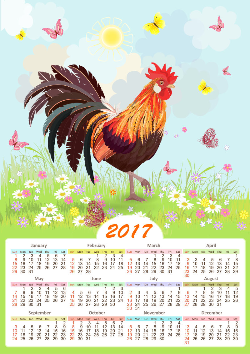 矢量可爱的公鸡日历