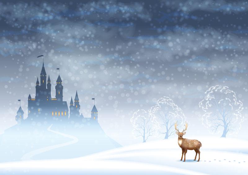 圣诞节冬季矢量景观与城堡剪影和鹿