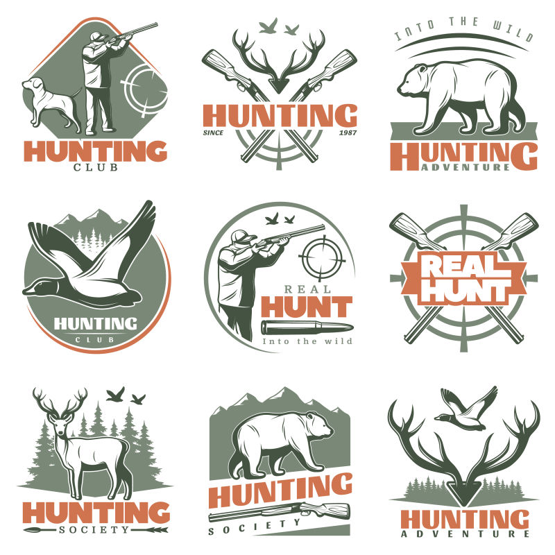 真实狩猎徽章集矢量老式设计