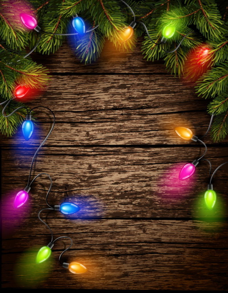 矢量小彩灯装饰的木桌上的圣诞树枝