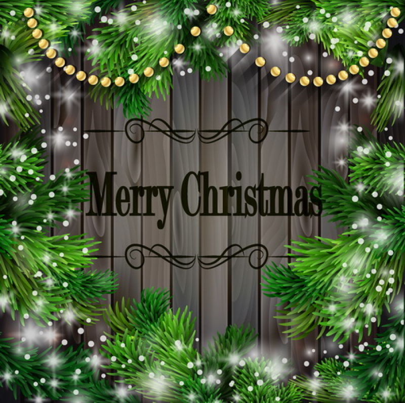 矢量小彩灯装饰的圣诞树围绕的木制墙