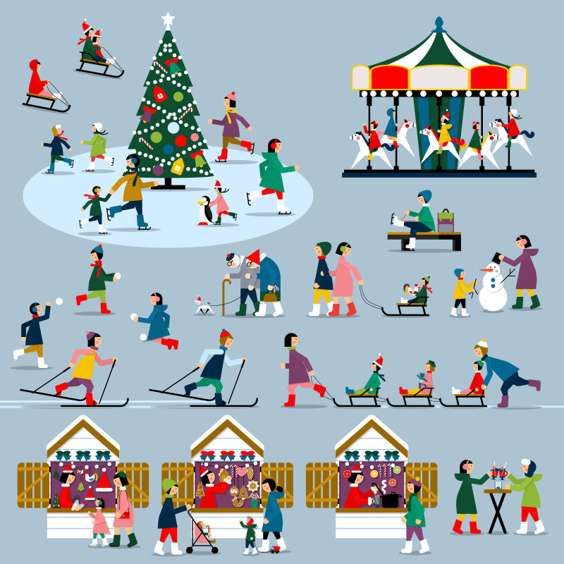 冬天的圣诞节人们聚在一起矢量平面插图