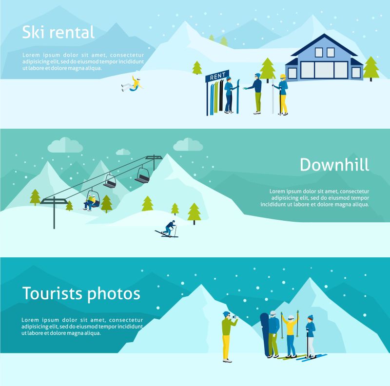 抽象矢量冬季滑雪场的平面插图