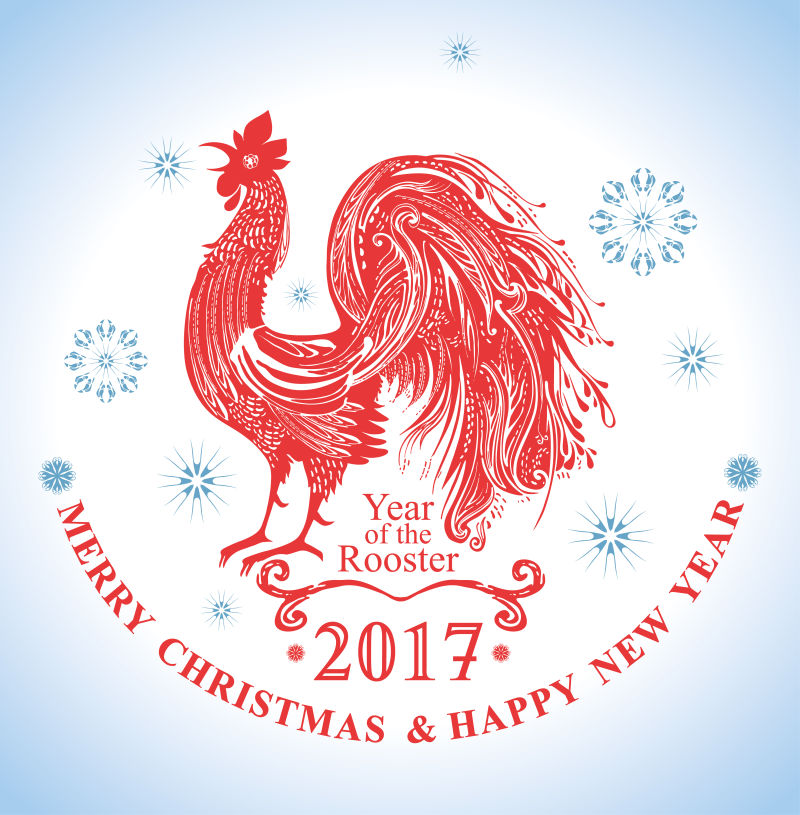 创意矢量红色公鸡元素的新年快乐插图