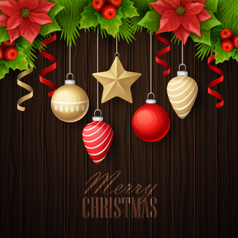 矢量金色和红色装饰品挂在红色浆果装饰的圣诞树下