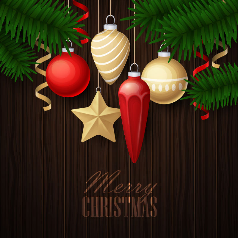 矢量金红色装饰品装饰的圣诞树下的祝福语