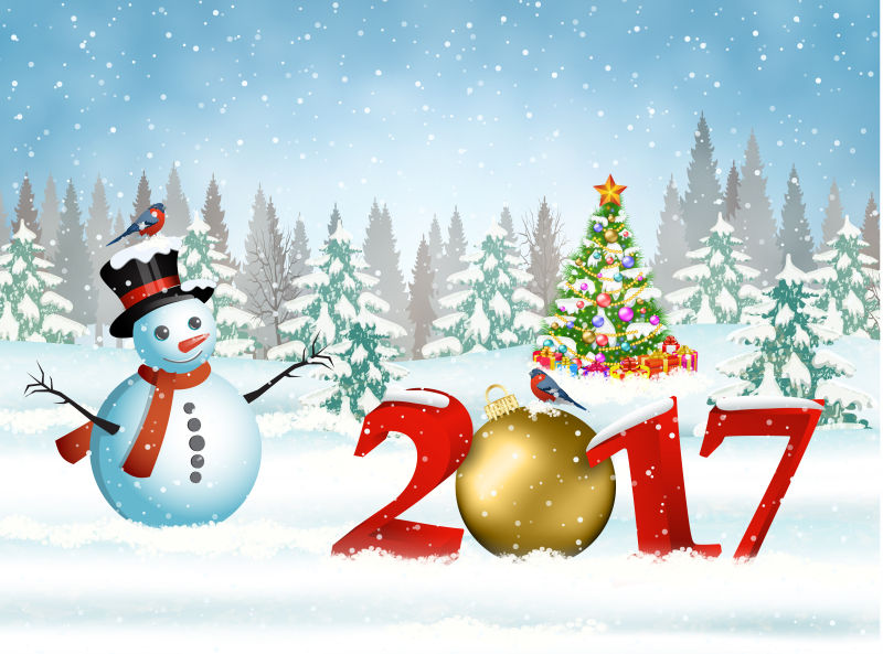 新年和圣诞快乐有圣诞球和雪人矢量插图