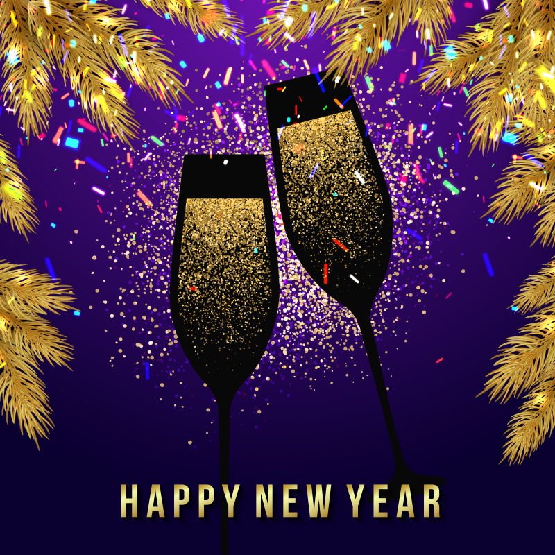 矢量插图新年贺卡香槟酒杯