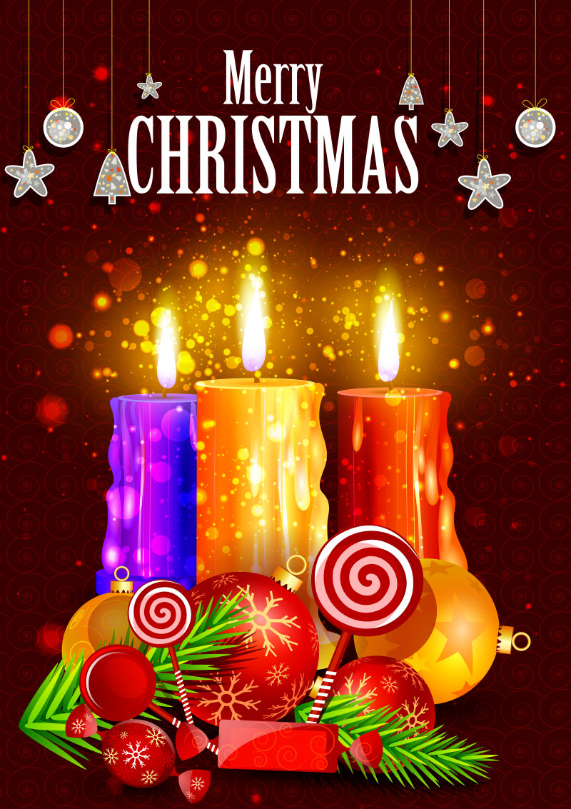 圣诞装饰品和蜡烛元素海报设计矢量插图