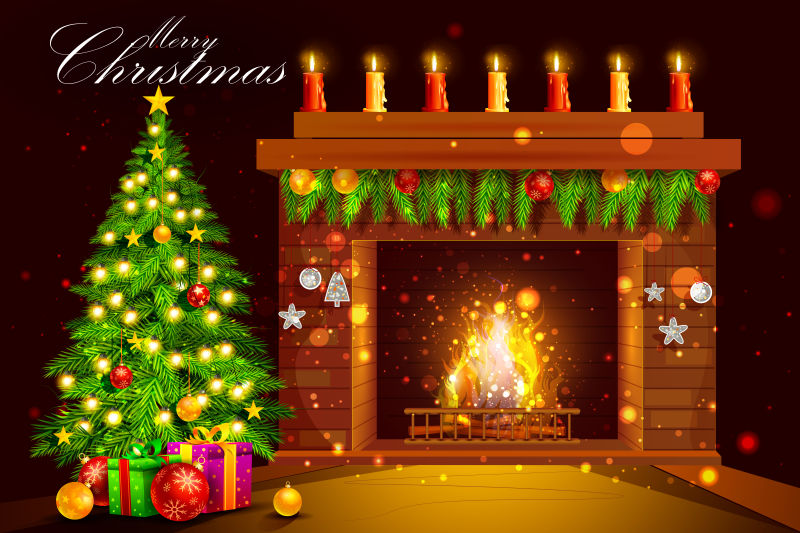 圣诞树和壁炉海报设计矢量插图