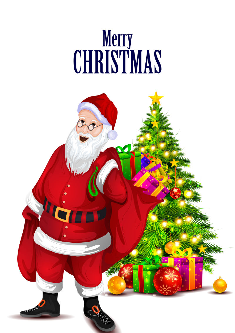 圣诞老人和圣诞树的矢量插图