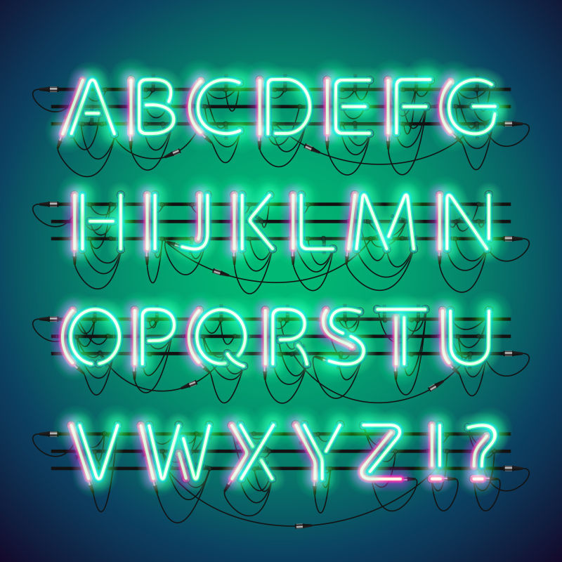 矢量发光双霓虹绿色字母表