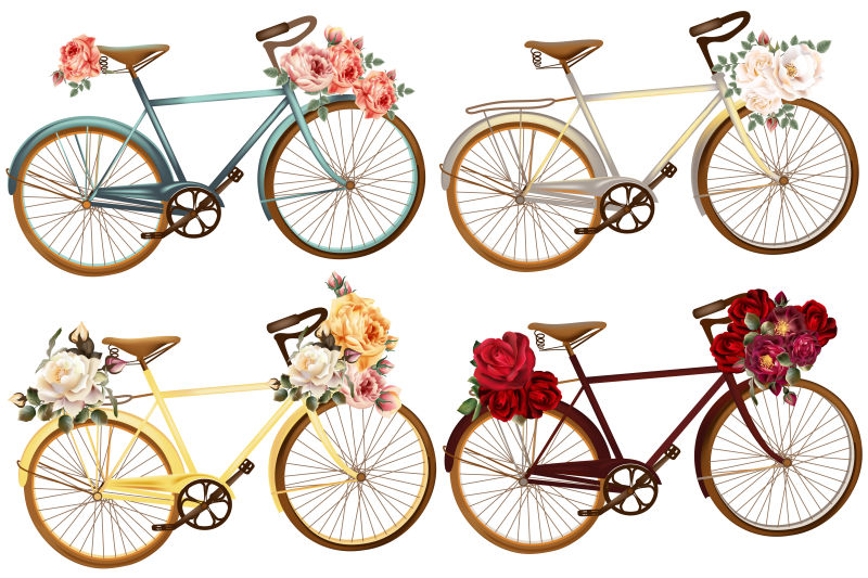 鲜花装饰的老式自行车矢量设计