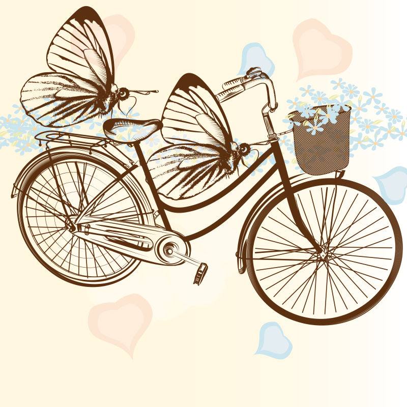 鲜花蝴蝶和自行车可爱风矢量插图