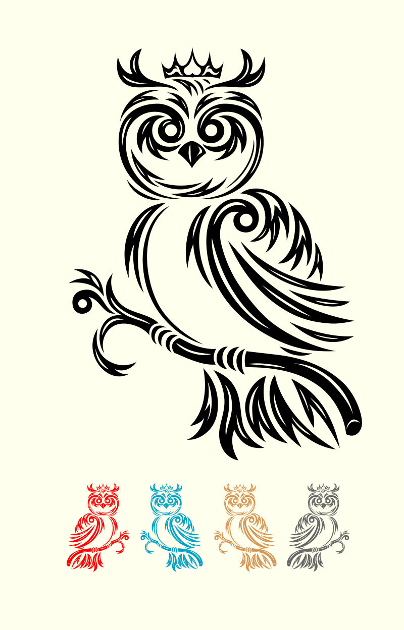 艺术猫头鹰纹身图案矢量插图