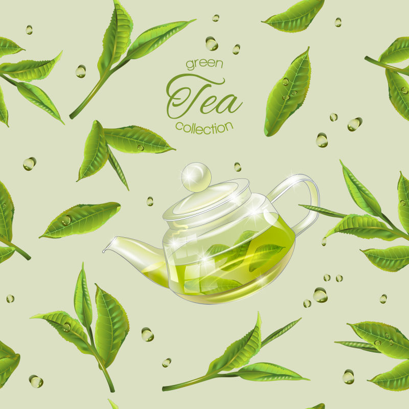 绿茶与透明茶壶背景设计矢量插图