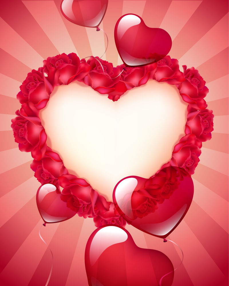 心形玫瑰花和爱心图案背景矢量插图