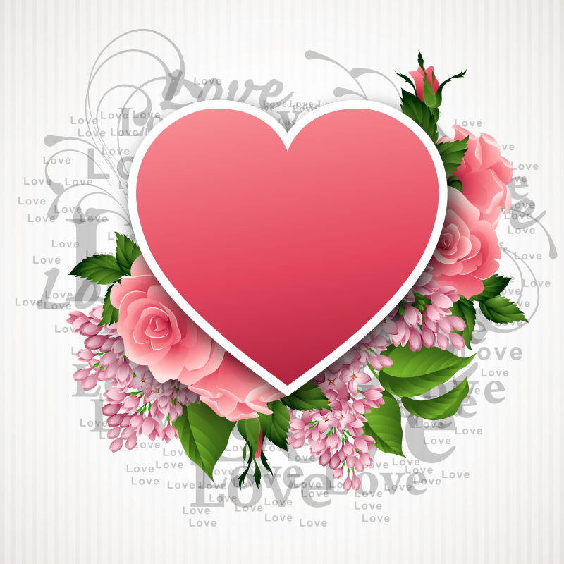 爱心和鲜花背景的情人节矢量插图