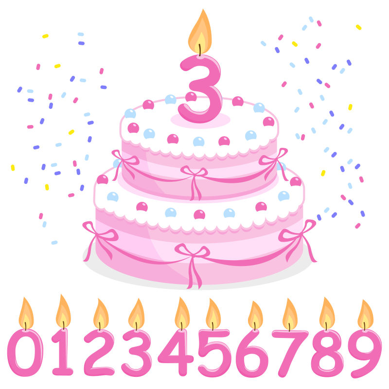 创意矢量插着数字蜡烛的生日蛋糕插图