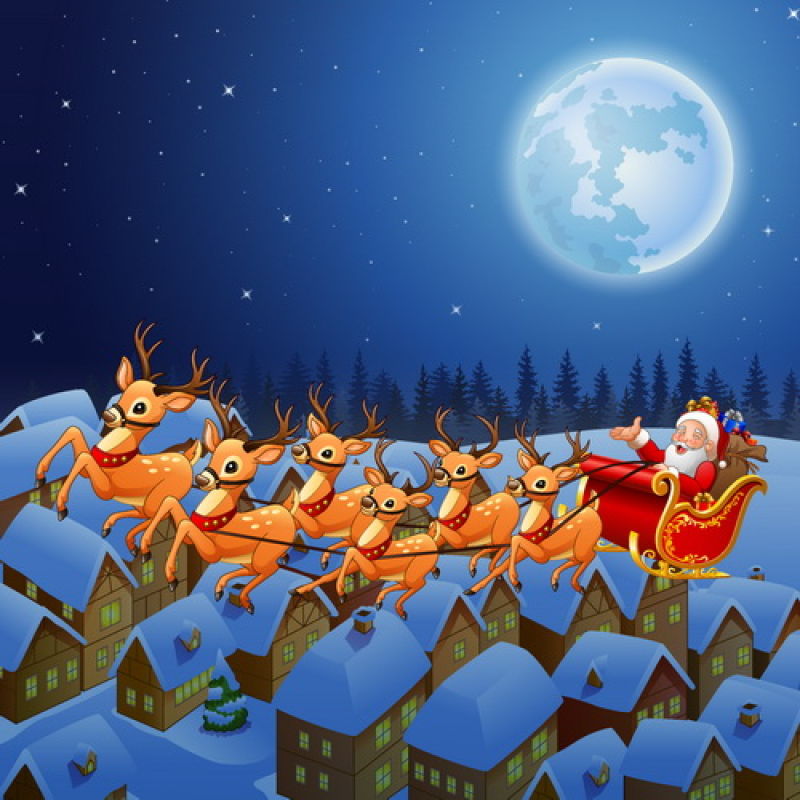 矢量设计坐着驯鹿雪橇送礼物的圣诞老人
