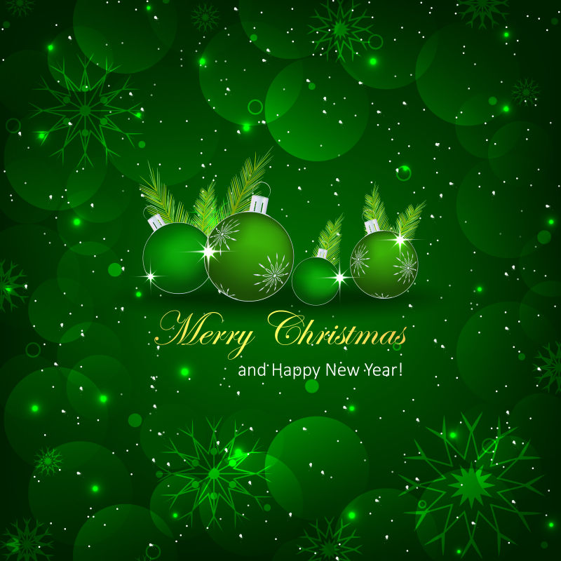 矢量绿色有光斑和装饰球的圣诞节贺卡