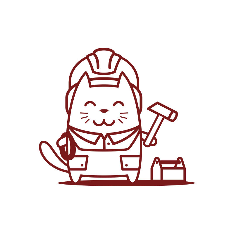 猫男微笑着拿着锤子站着卡通矢量插图
