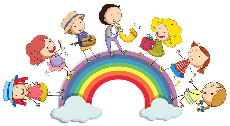 站在彩虹上的孩子们的矢量插图