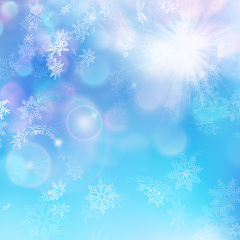 浅蓝色的圣诞节矢量雪花和太阳光背景设计