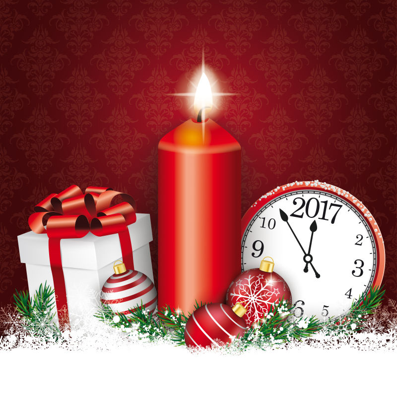 圣诞及礼物和蜡烛时钟矢量