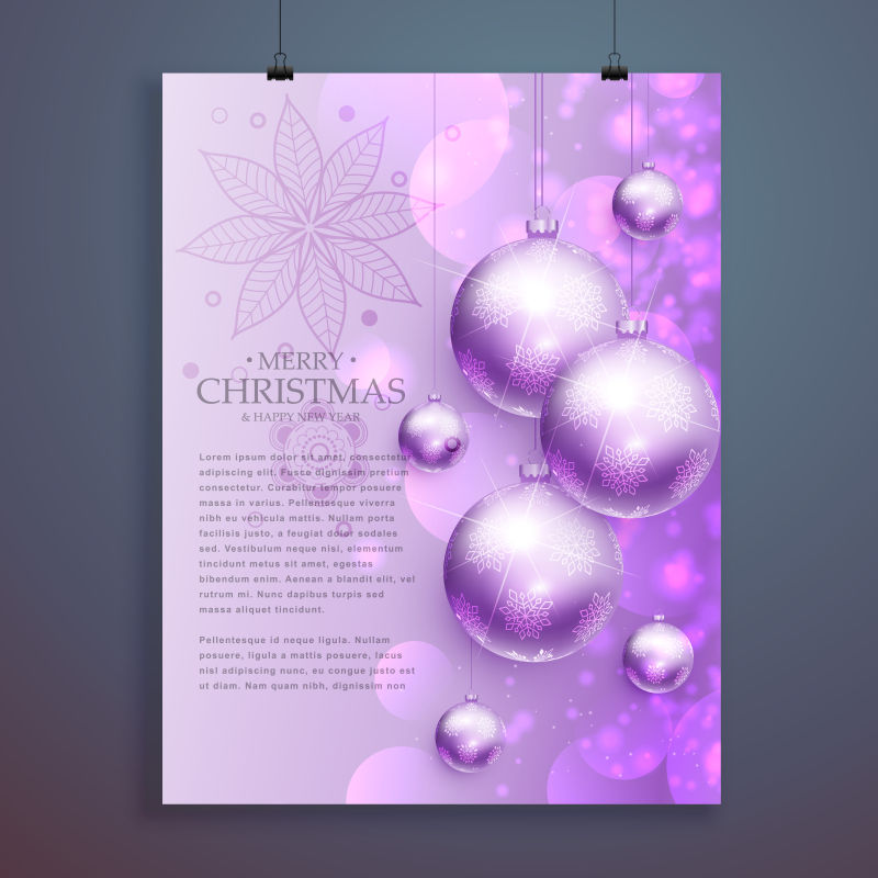 矢量时尚圣诞快乐传单设计与悬挂闪闪发光的圣诞球
