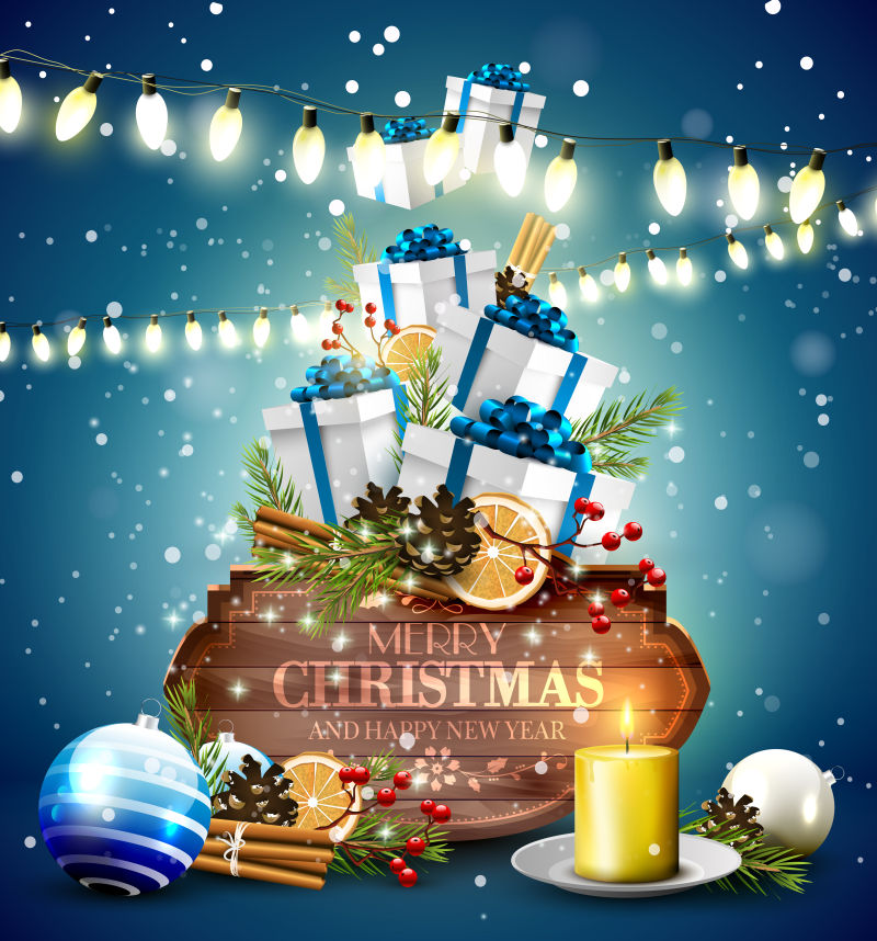 矢量传统装饰圣诞礼品贺卡礼品盒及蓝色背景的古董木牌