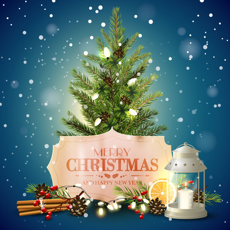 圣诞树灯笼和蓝色背景下的矢量传统圣诞贺卡