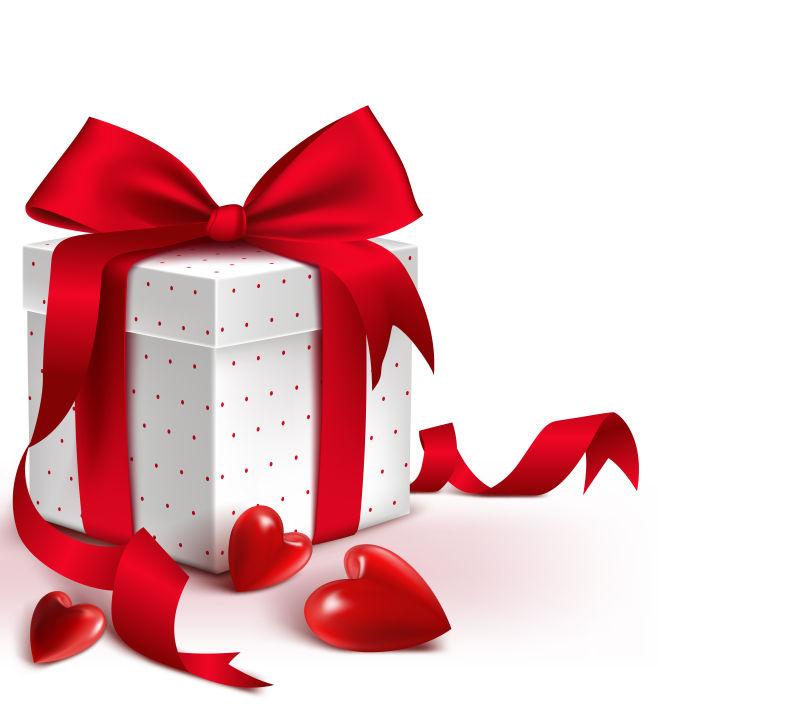 现实3D彩色甜红礼品盒与心缎带和弓矢量