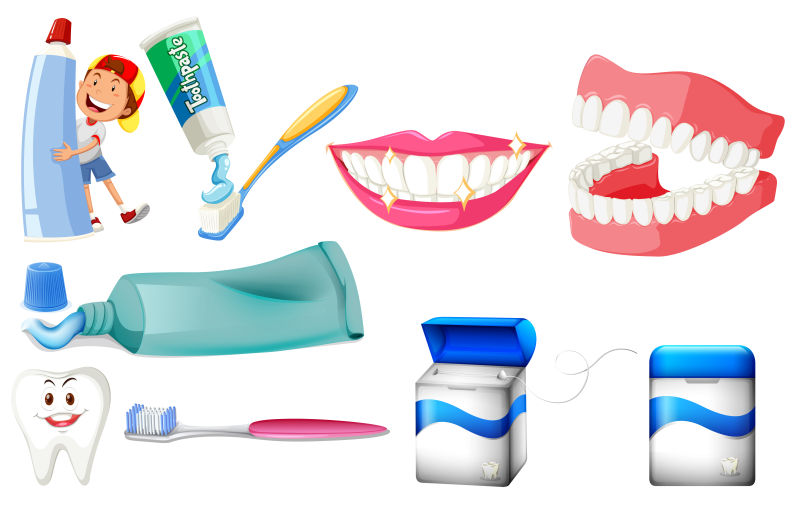 矢量牙齿洁具与牙齿清洁插图