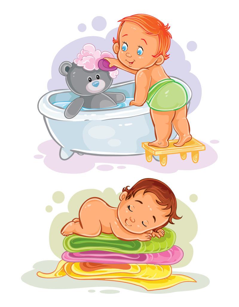 矢量设计的卡通儿童洗澡