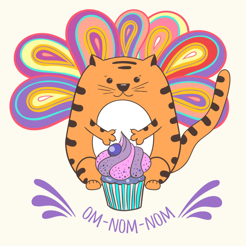 创意矢量可爱吃蛋糕的可爱胖猫