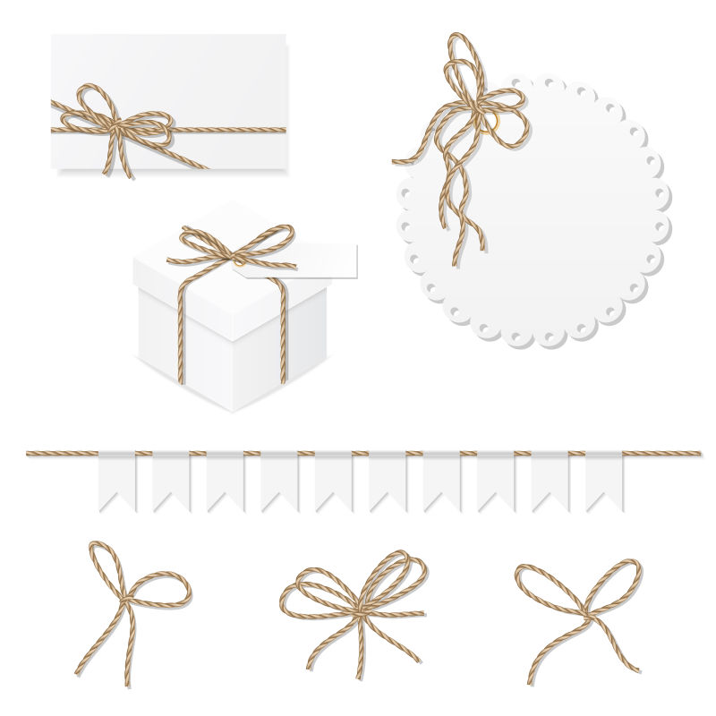 棕色蝴蝶结缎带收集的贺卡标签和礼品盒的矢量图