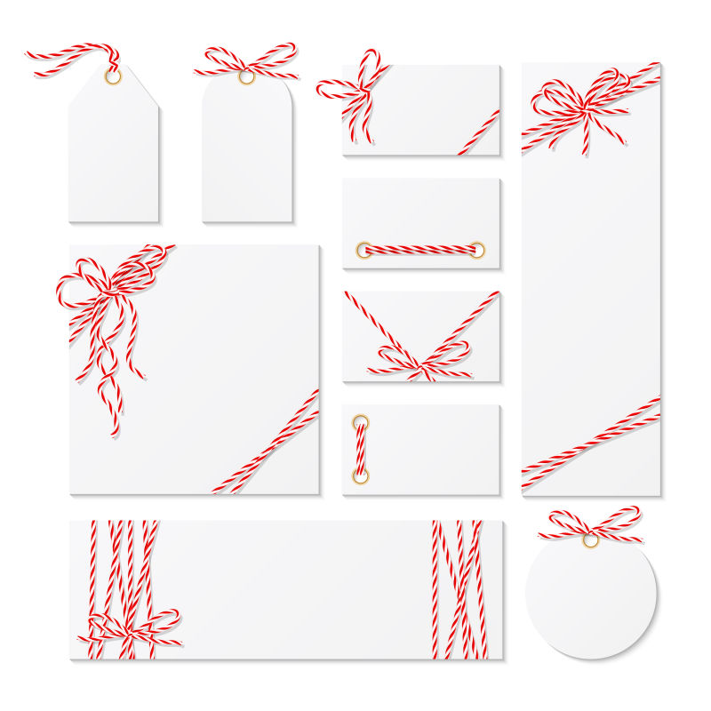 用红色蝴蝶结缎带收集的空白卡片和标签矢量图