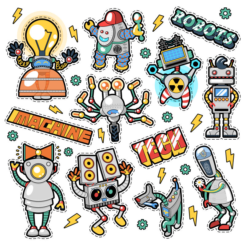 矢量机器人和机器徽章贴纸