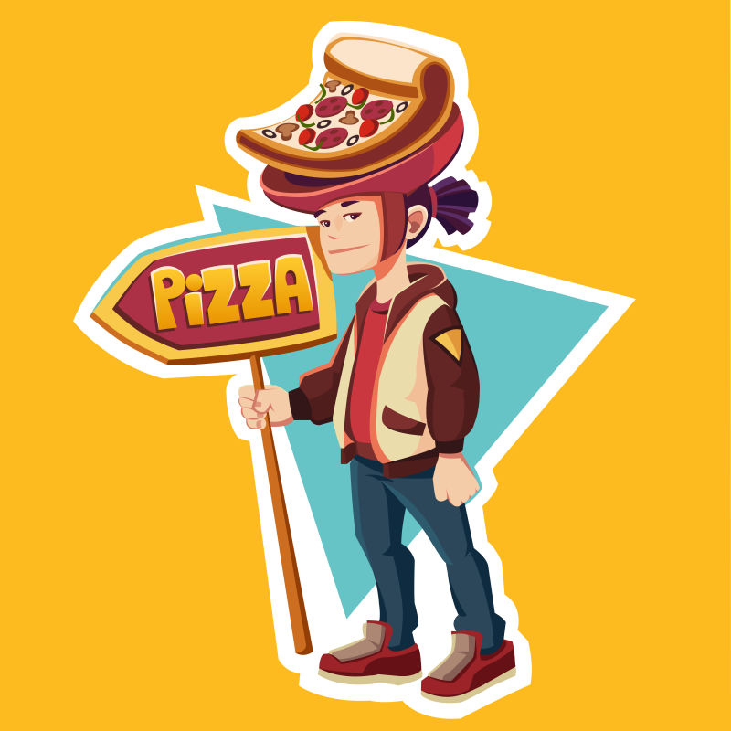 吃披萨的卡通男孩矢量插图