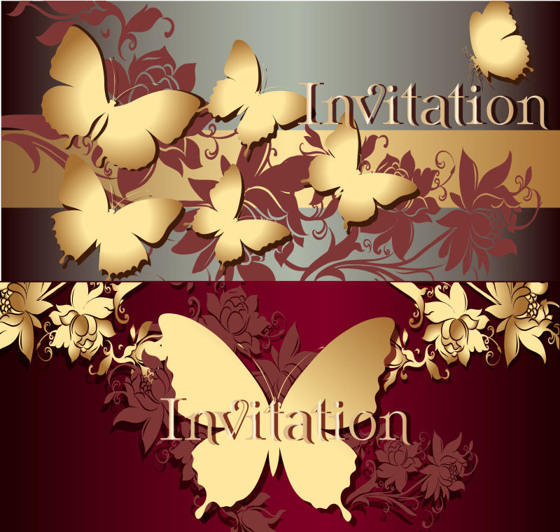 矢量金色蝴蝶元素的邀请卡设计