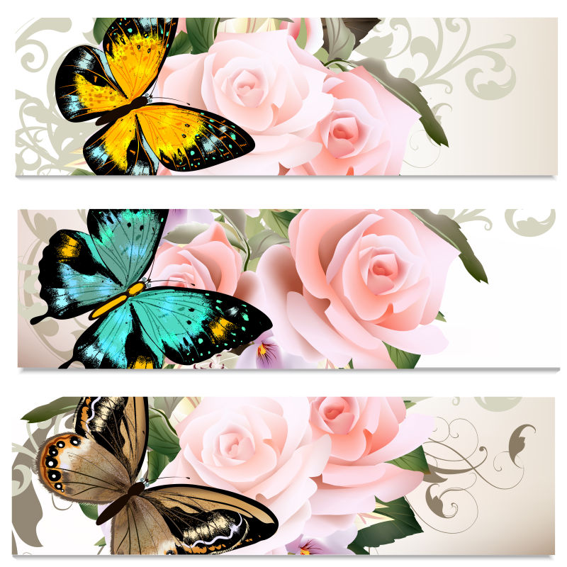 矢量卡通花和蝴蝶元素的插图
