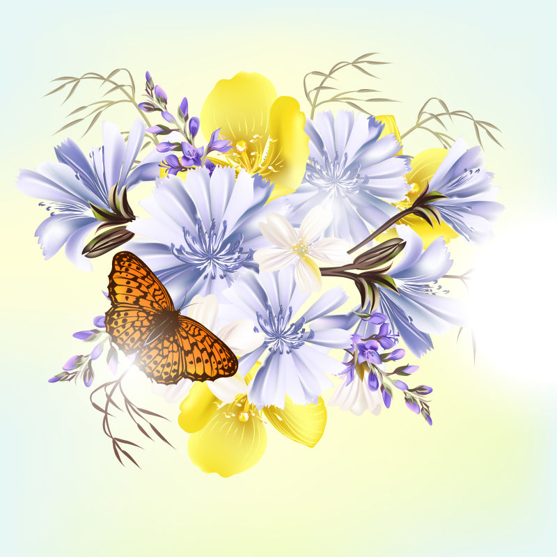 矢量手绘美丽的和花朵和蝴蝶